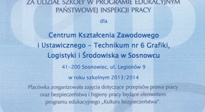 Certyfikat dla Centrum Kształcenia Zawodowego i Ustawicznego