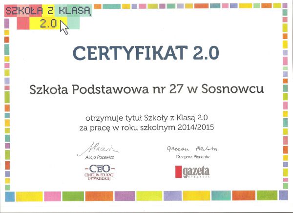 Certyfkat Szkoła z klasą dla SP nr 27