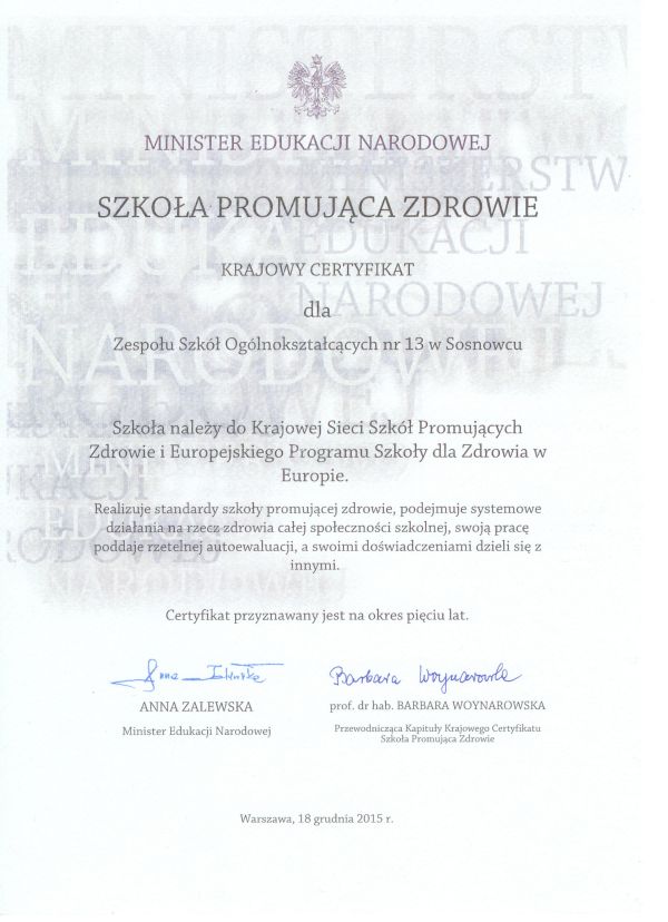 Certyfikat Szkoły Promującej Zdrowie dla ZSO nr 13